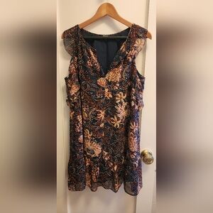 Madewell Navy & Brown Sleeveless Floral Ruffle Dress